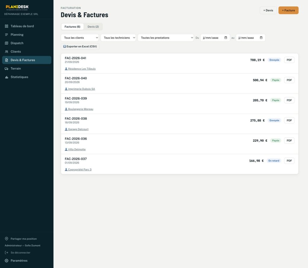 Les devis et factures dans Planidesk, avec leur statut et l’export PDF (données fictives)