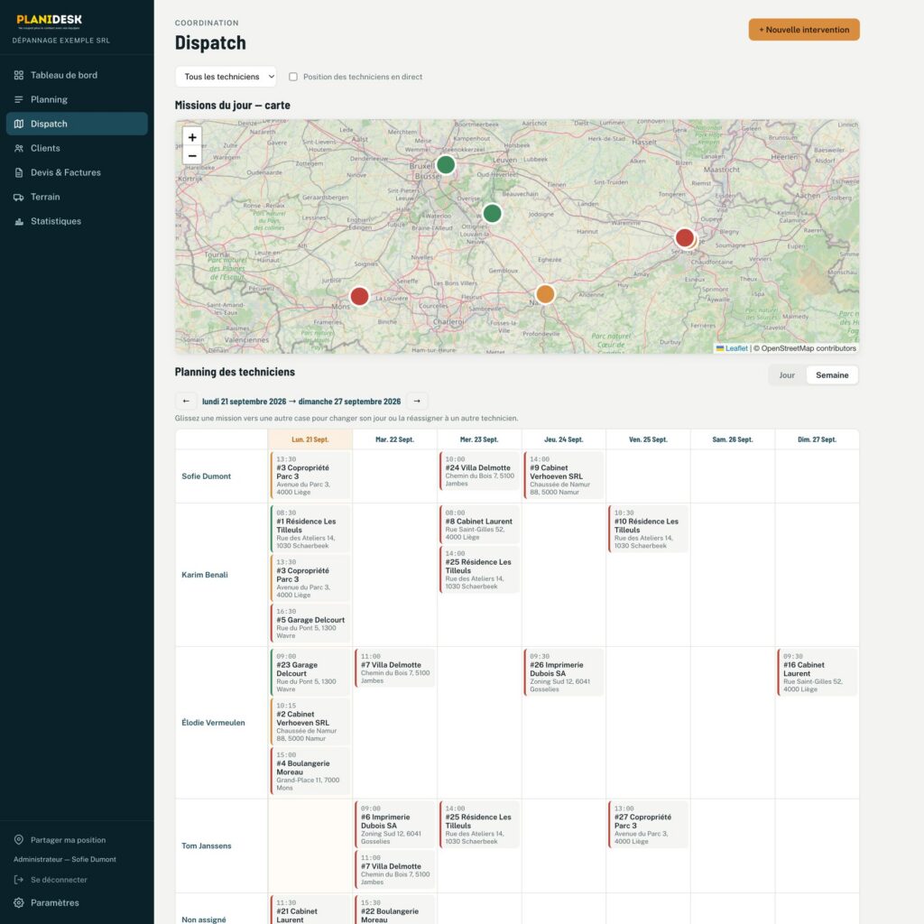 Le dispatch de Planidesk en vue semaine : une ligne par technicien, les missions par jour et une ligne pour les interventions non assignées (données fictives)