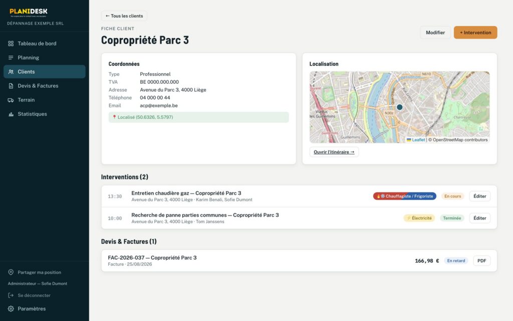 Fiche client dans Planidesk : coordonnées, localisation, interventions et factures (données fictives)