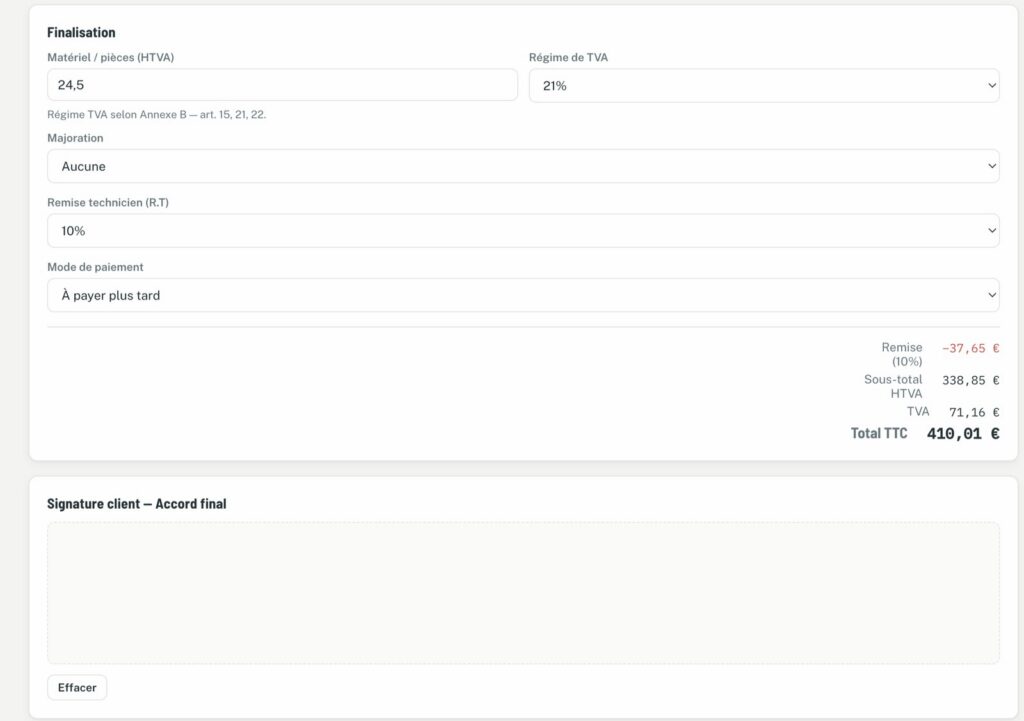 La finalisation d’une fiche Planidesk : matériel, TVA, majoration, remise et total (données fictives)