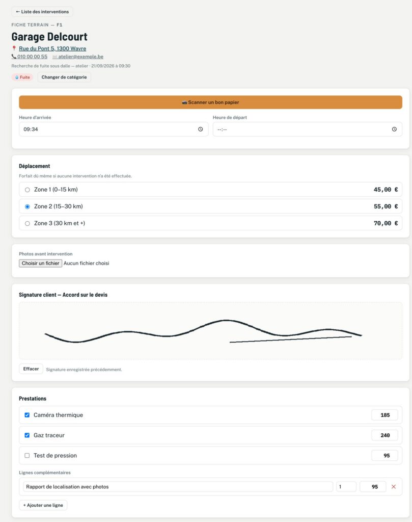 La fiche terrain d’une recherche de fuite dans Planidesk : méthodes cochées, ligne complémentaire et signature du client (données fictives)