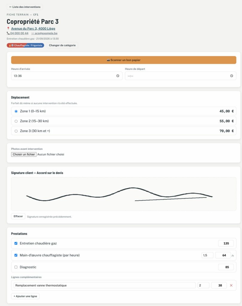 La fiche terrain de Planidesk : catégorie, déplacement, prestations cochées et signature du client (données fictives)