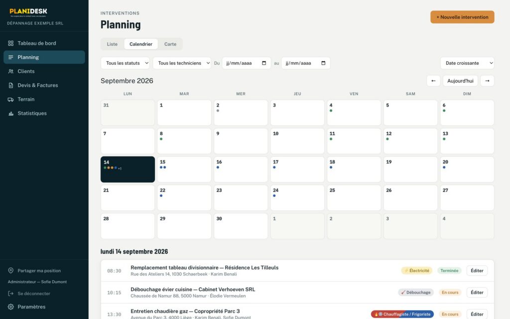 Planning de Planidesk en vue calendrier, avec les interventions du jour (données fictives)