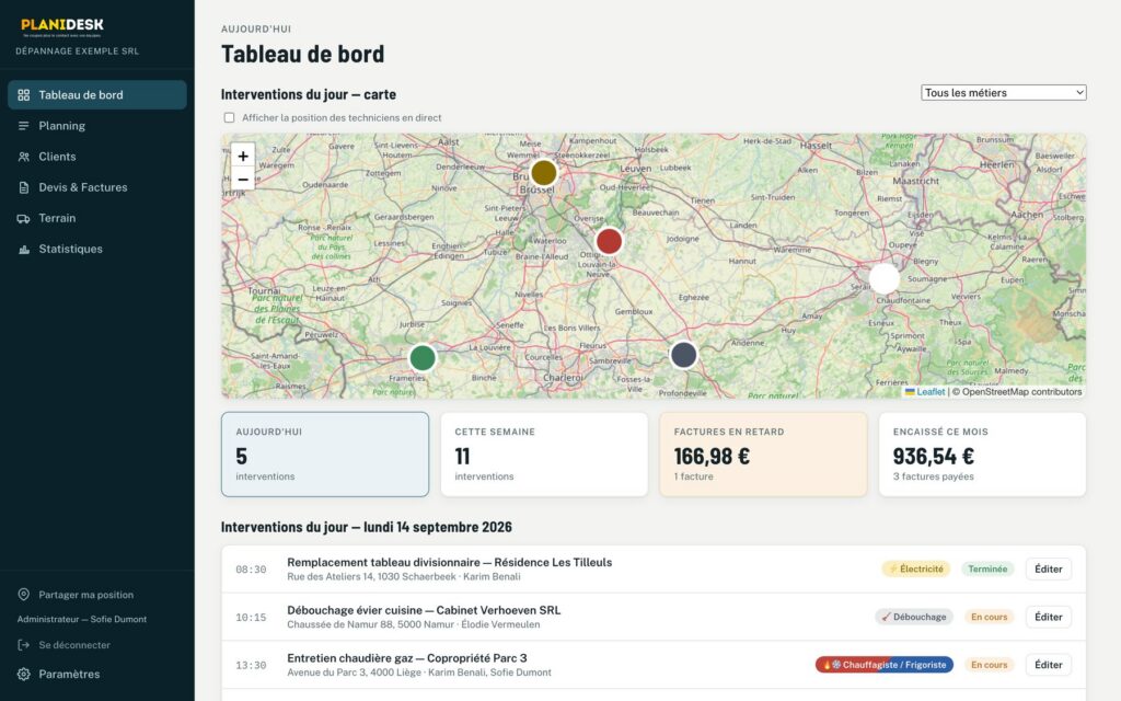Tableau de bord de Planidesk : carte des interventions du jour, factures en retard et encaissements (données fictives)