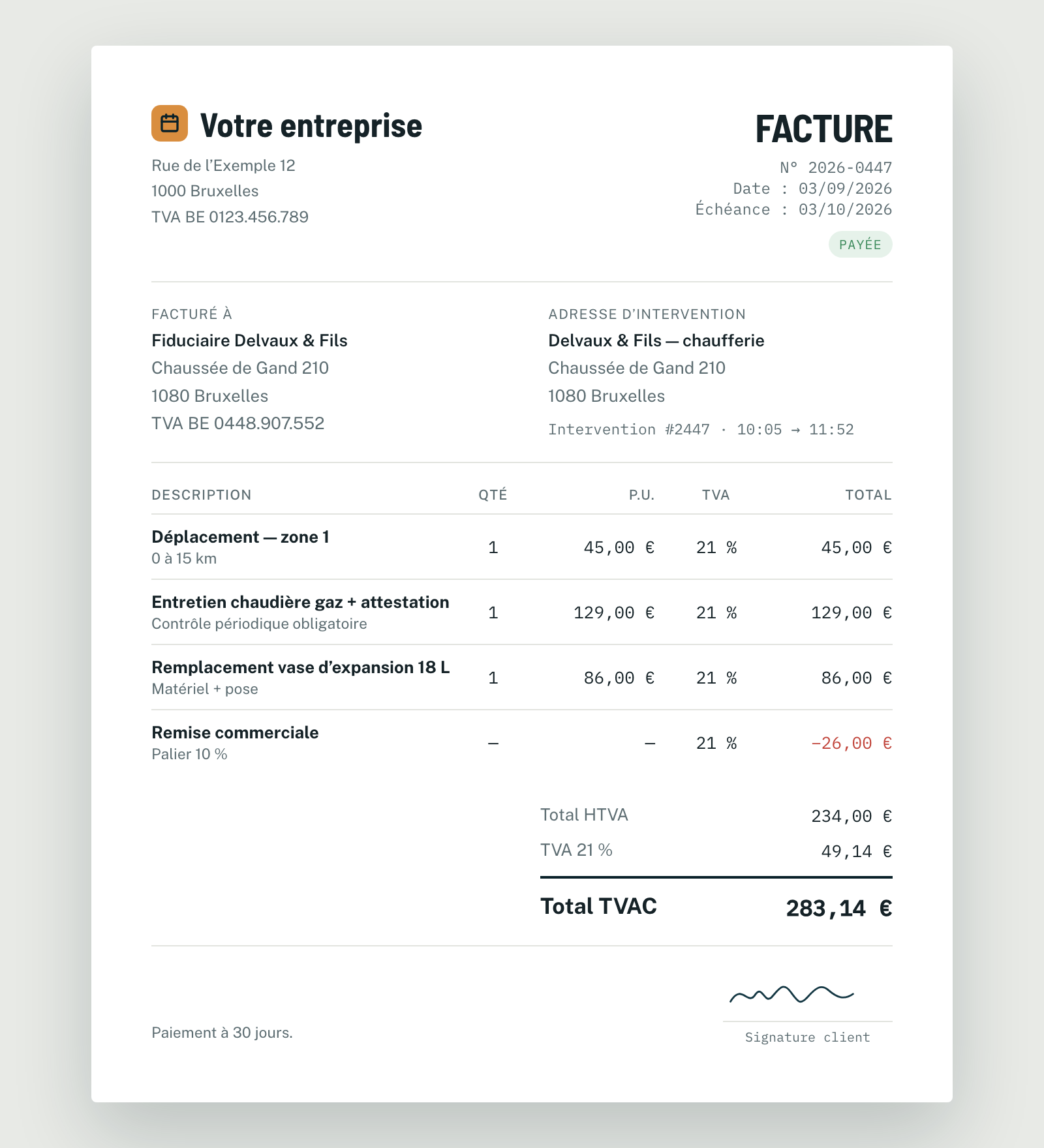Facture générée par Planidesk à partir des lignes du bon d’intervention