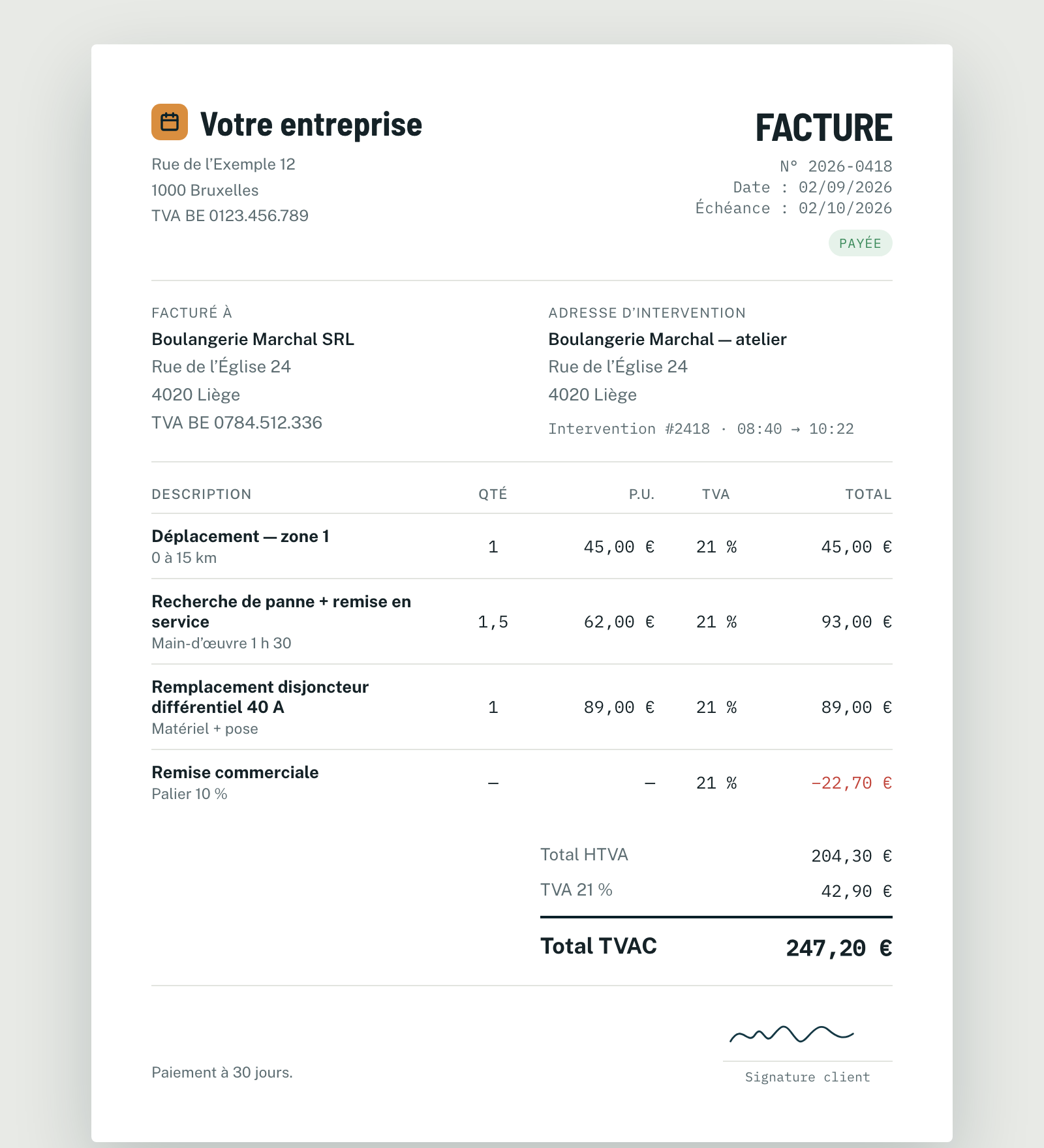 Facture générée par Planidesk à partir des lignes du bon d’intervention