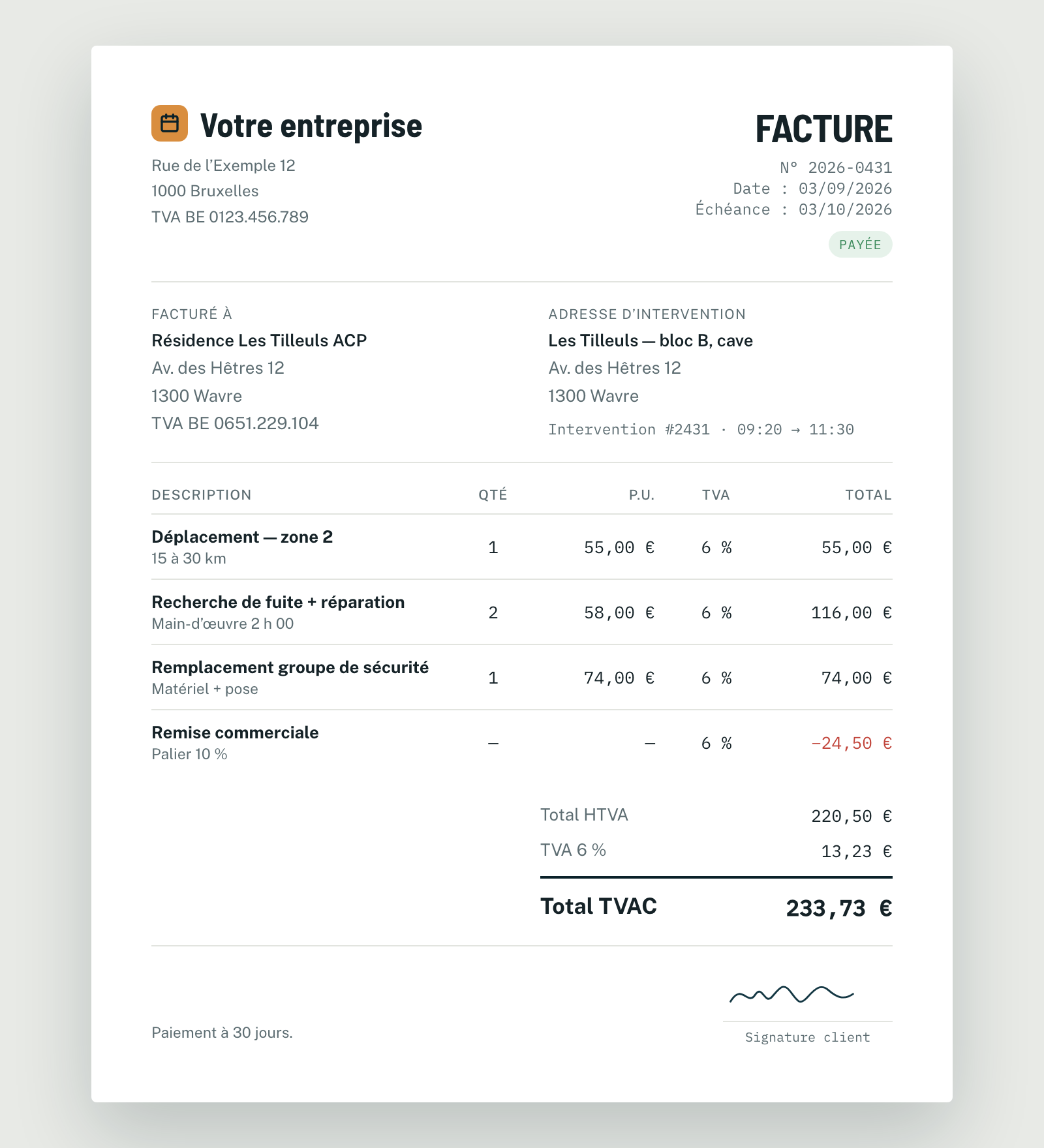 Facture générée par Planidesk à partir des lignes du bon d’intervention