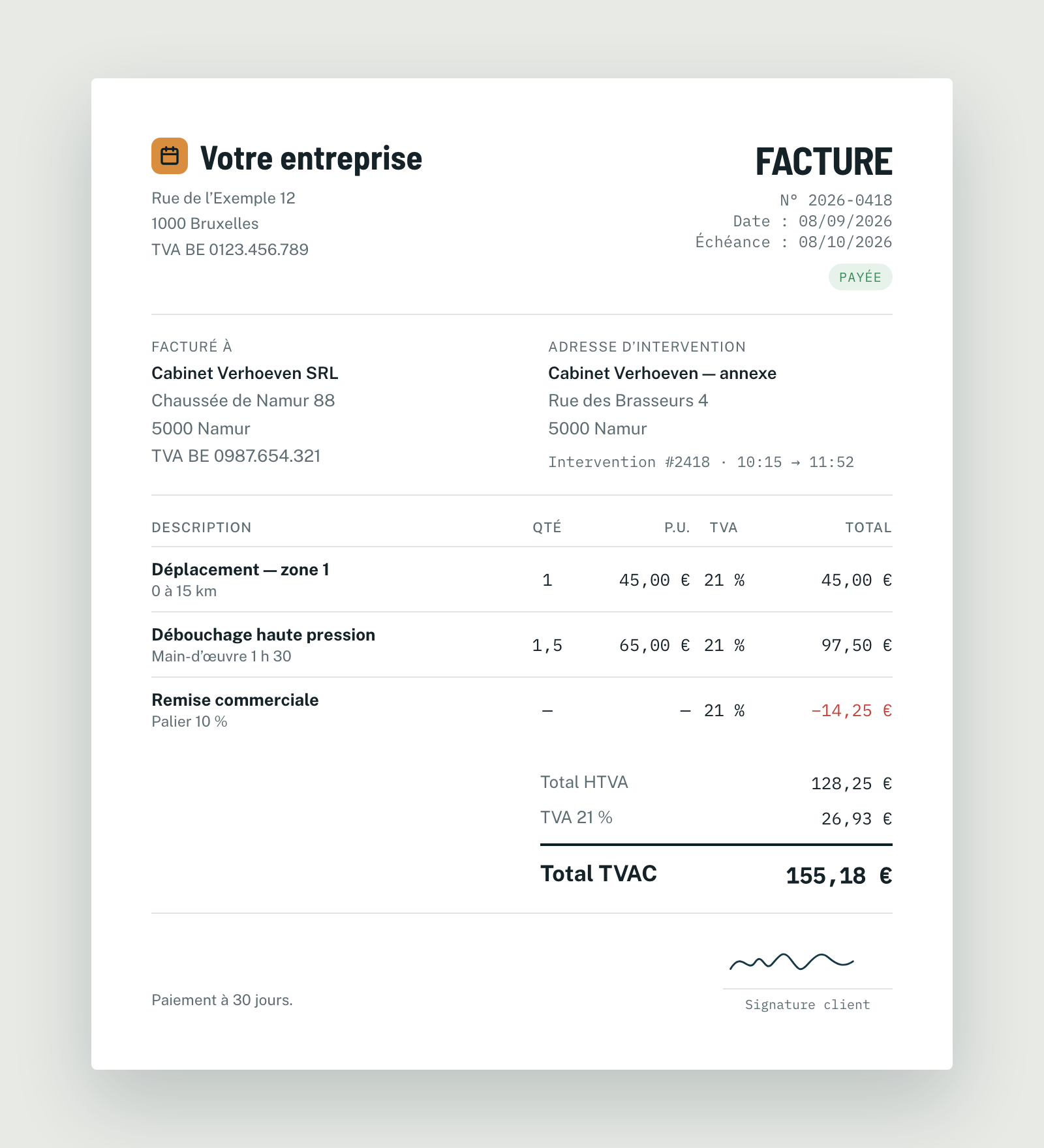 Facture générée par Planidesk à partir des lignes du bon d’intervention