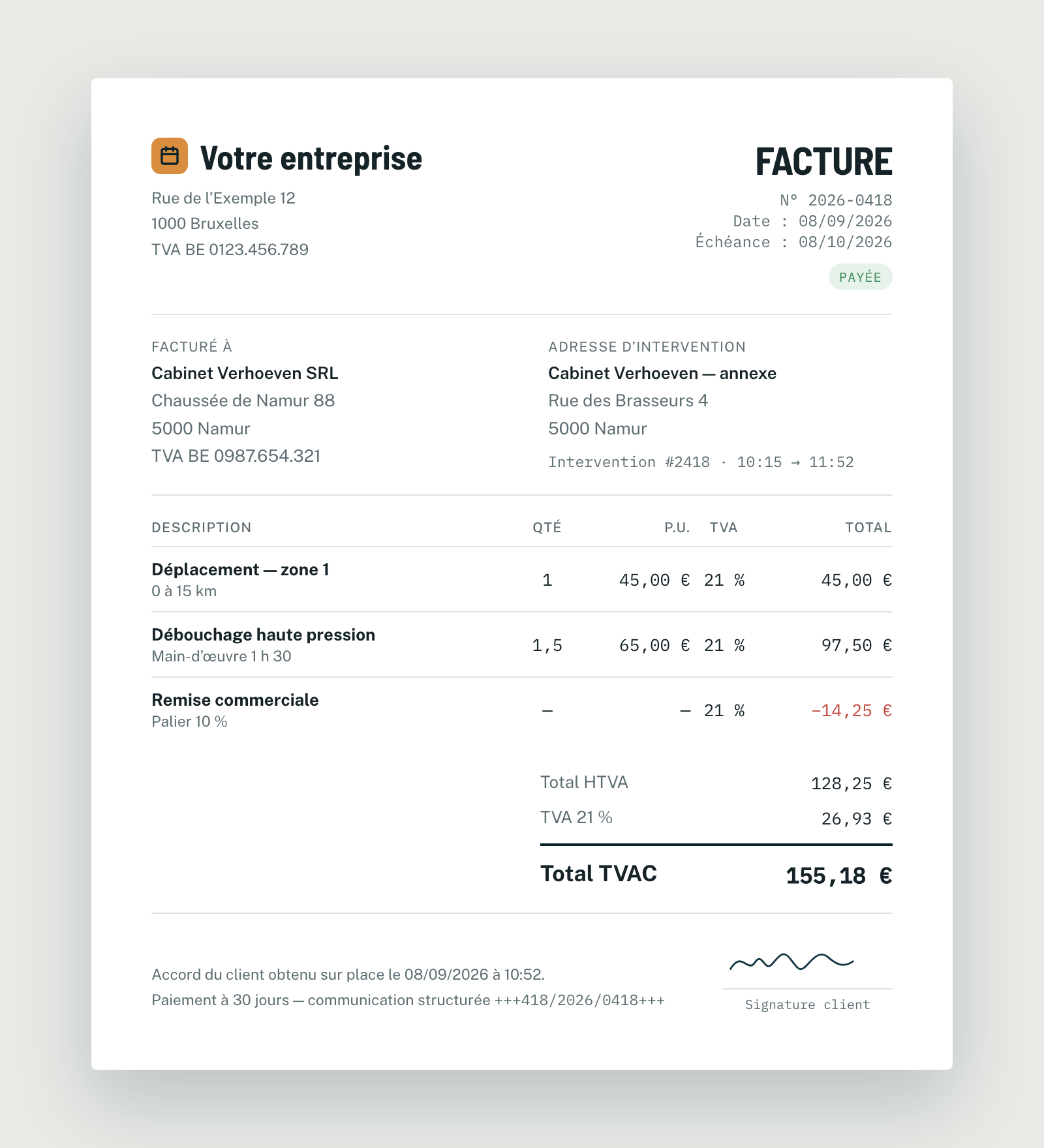 Facture Planidesk avec déplacement, main-d’œuvre, remise, TVA belge et signature du client
