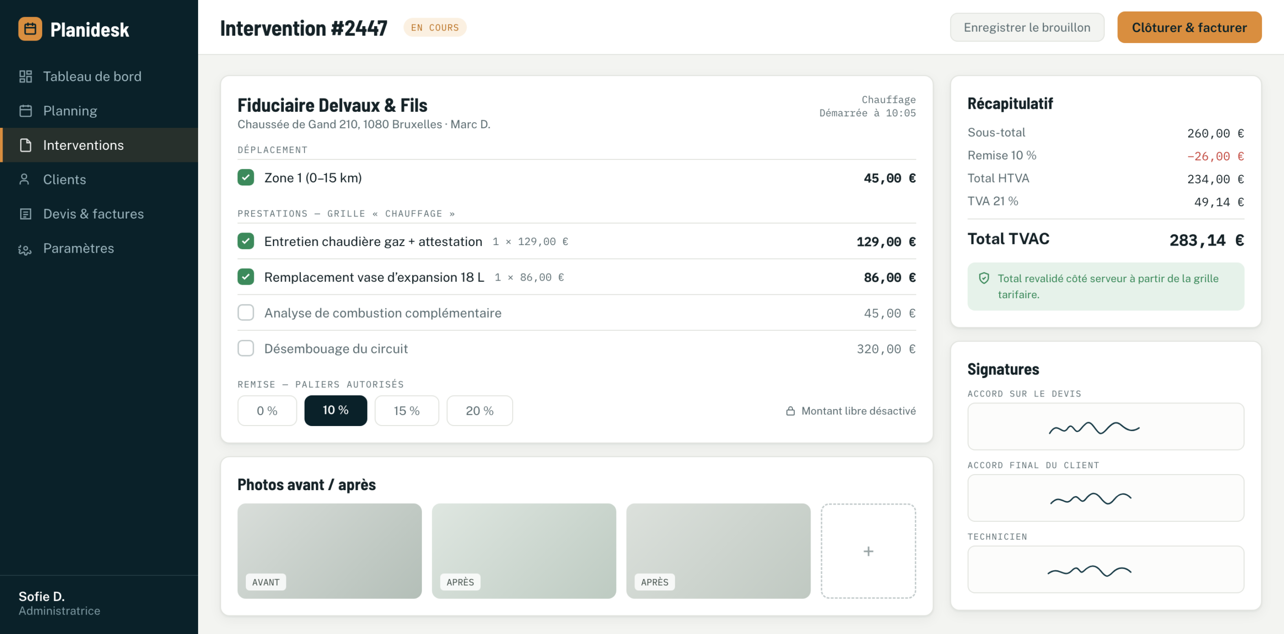 Fiche d’intervention Planidesk pour un chauffagiste : entretien chaudière et total calculé