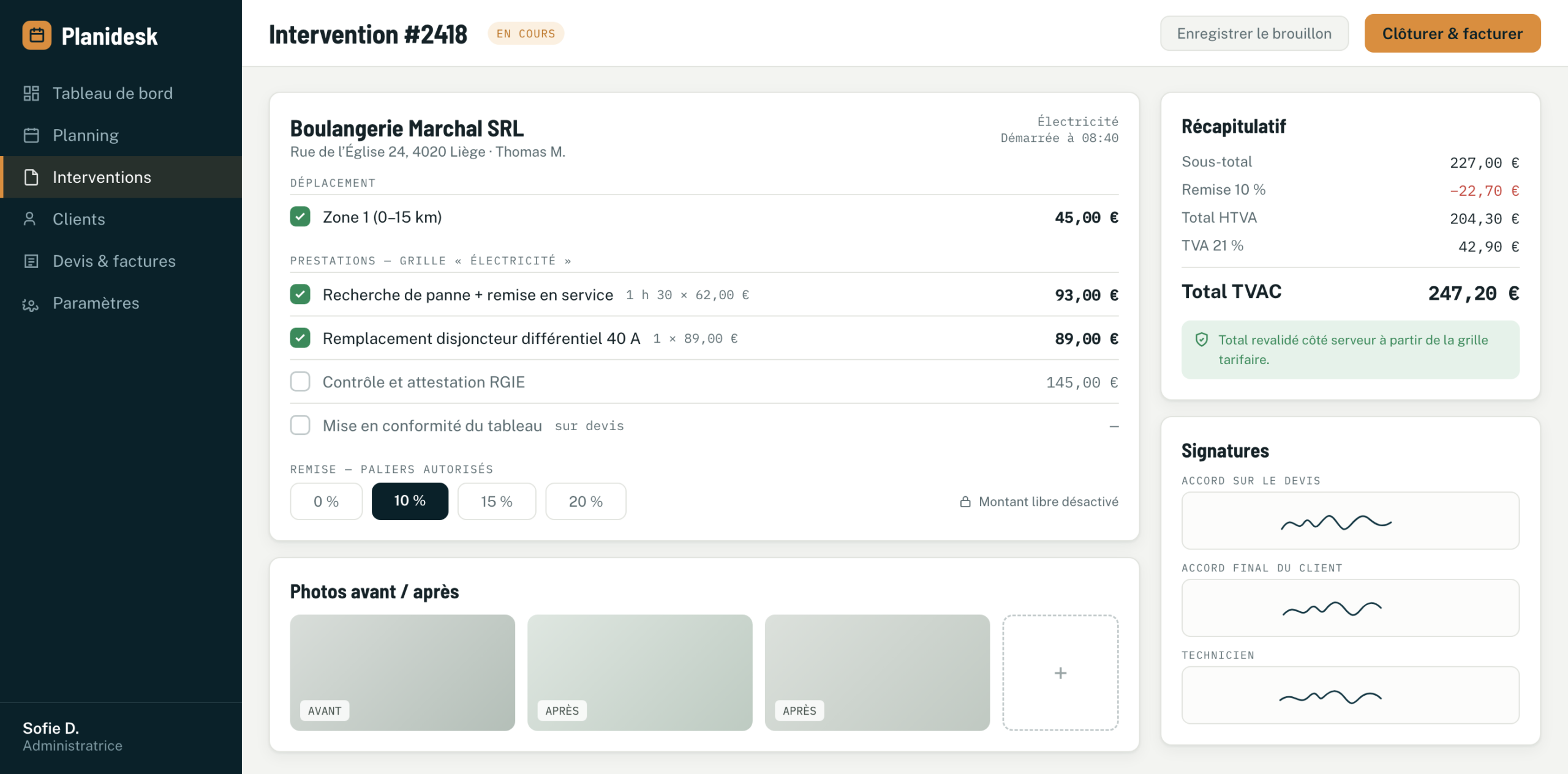 Fiche d’intervention Planidesk pour un électricien : prestations cochées, grille tarifaire et total calculé
