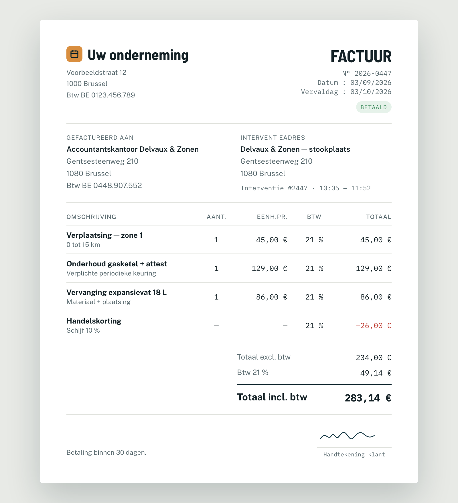 Factuur aangemaakt door Planidesk op basis van de lijnen van de werkbon