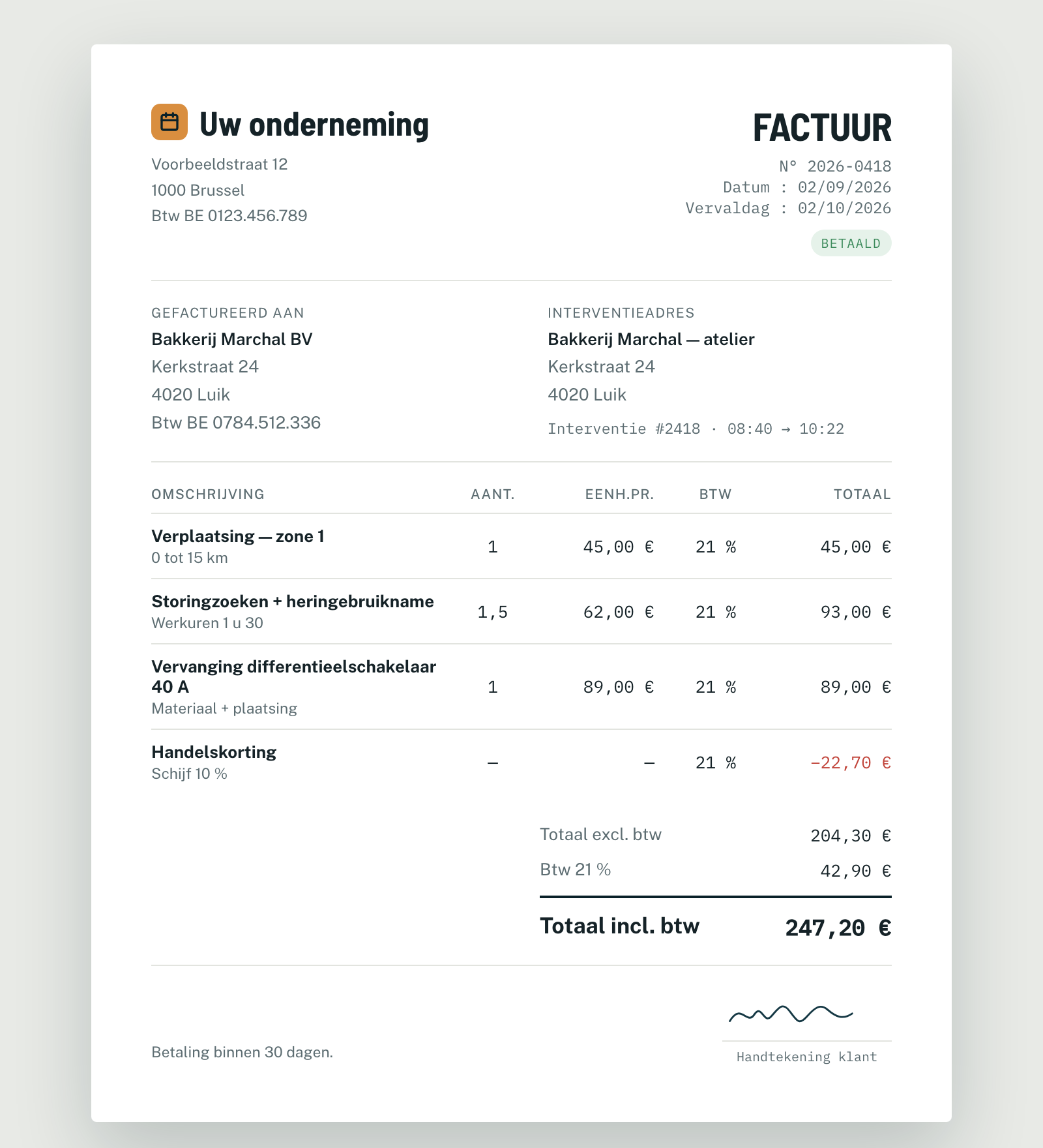 Factuur aangemaakt door Planidesk op basis van de lijnen van de werkbon
