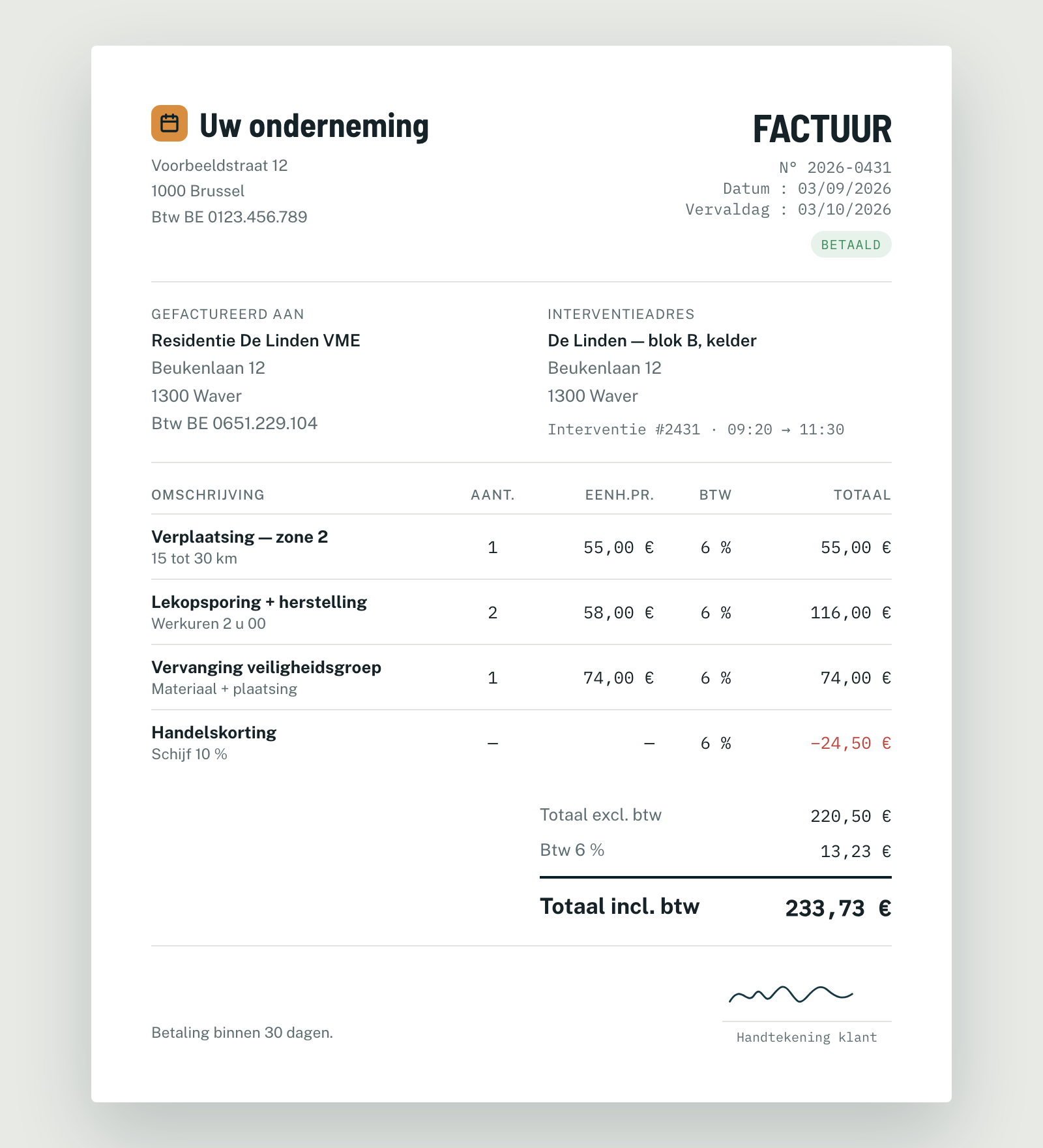 Factuur aangemaakt door Planidesk op basis van de lijnen van de werkbon