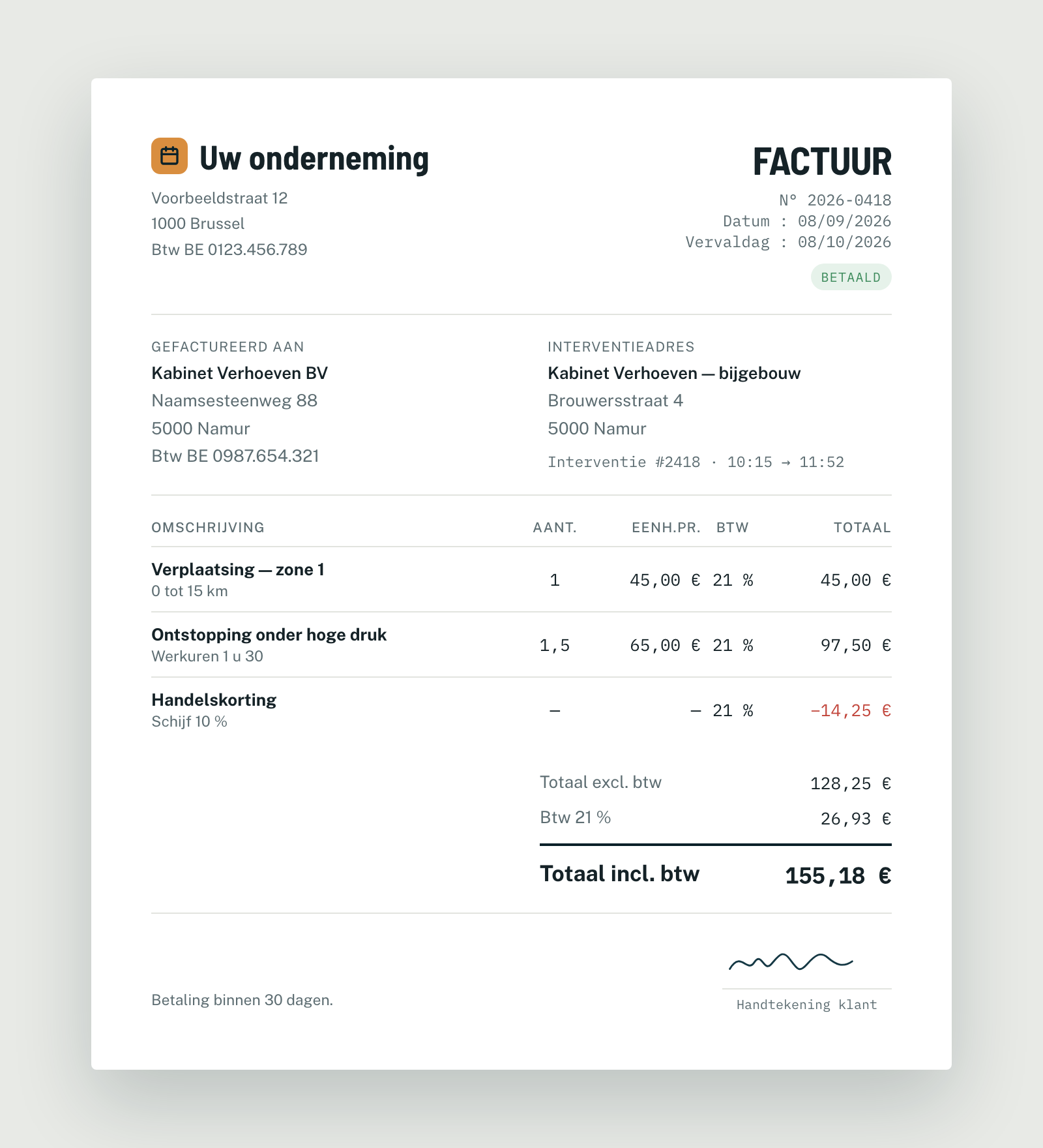 Factuur aangemaakt door Planidesk op basis van de lijnen van de werkbon