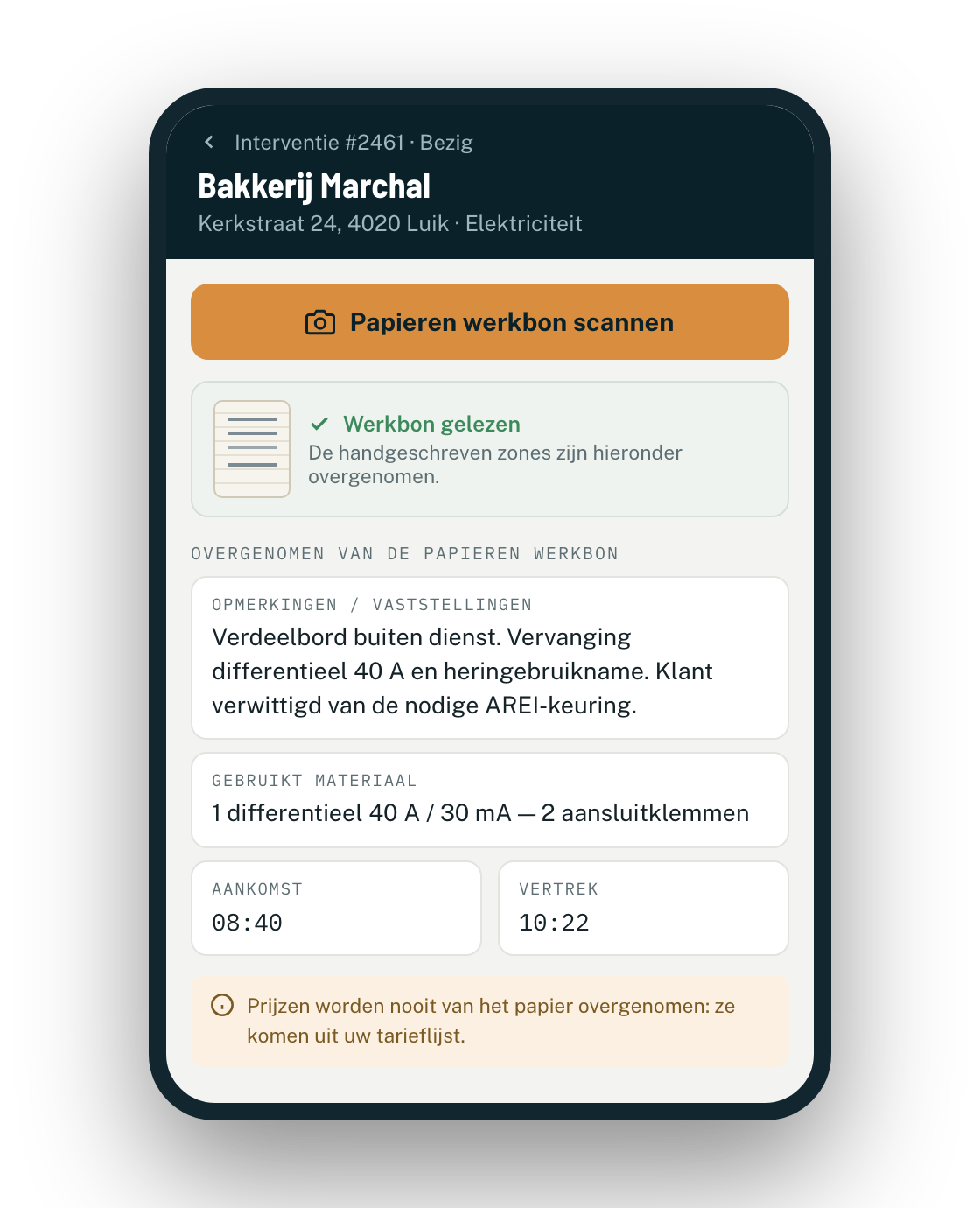 Planidesk leest de foto van een papieren werkbon en neemt opmerkingen, materiaal en uren over in de fiche