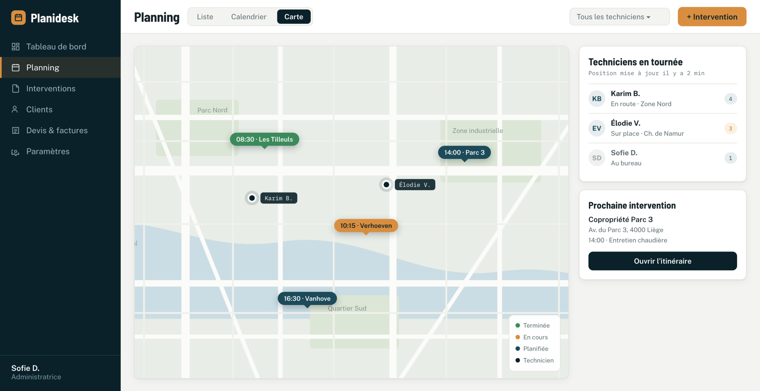 Vue carte du planning : interventions géolocalisées et position des techniciens en direct