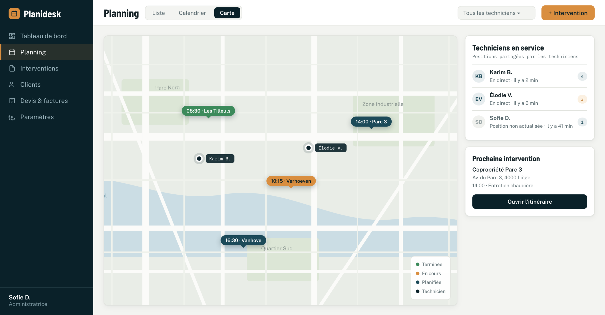 Carte du planning Planidesk avec les interventions et la position des techniciens